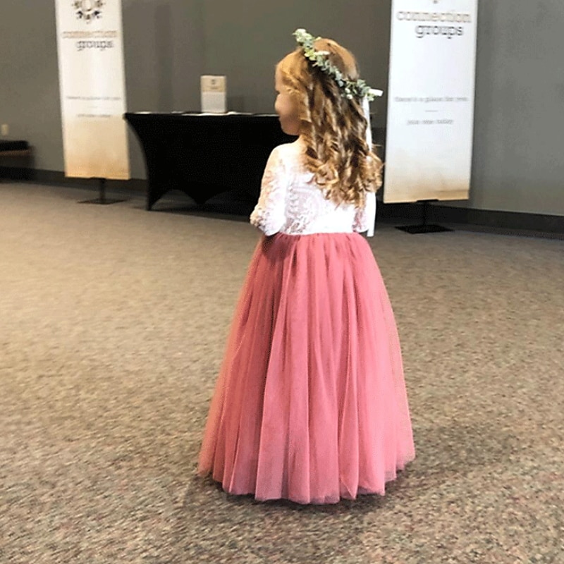 Barn flickors blommig klänning strandbröllop avslappnad tulle klänning fest rynkad mesh spets grön vit blå maxi lång ärm prinsessan söta klänningar festklänning online vanlig passform 4-13 år klänning 2025 - zł221.99 –P3