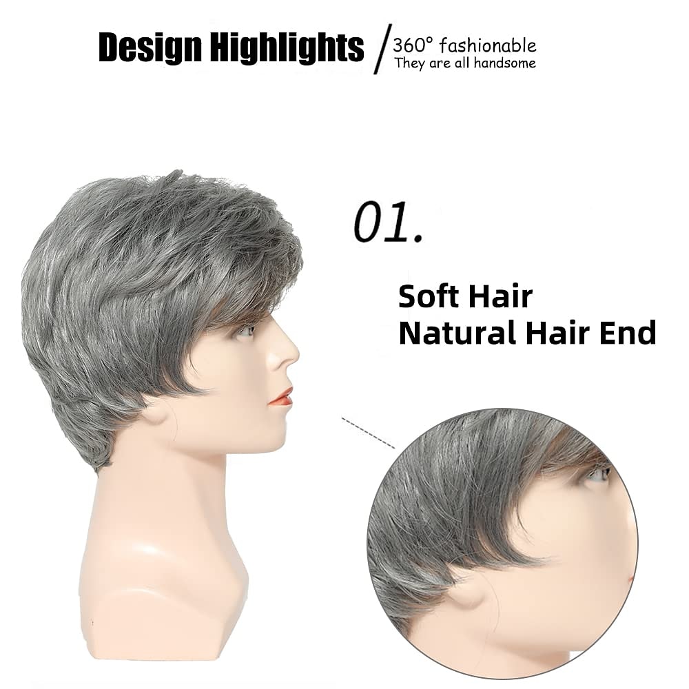 Mens Grey Wigs Realistic Short Fluffy Layered Natural Looking Wig Mens Short  Wig Straight Silver Gray Synthetic Wigs Cosplay Costume Wigs for Guys 2024  - $20.99