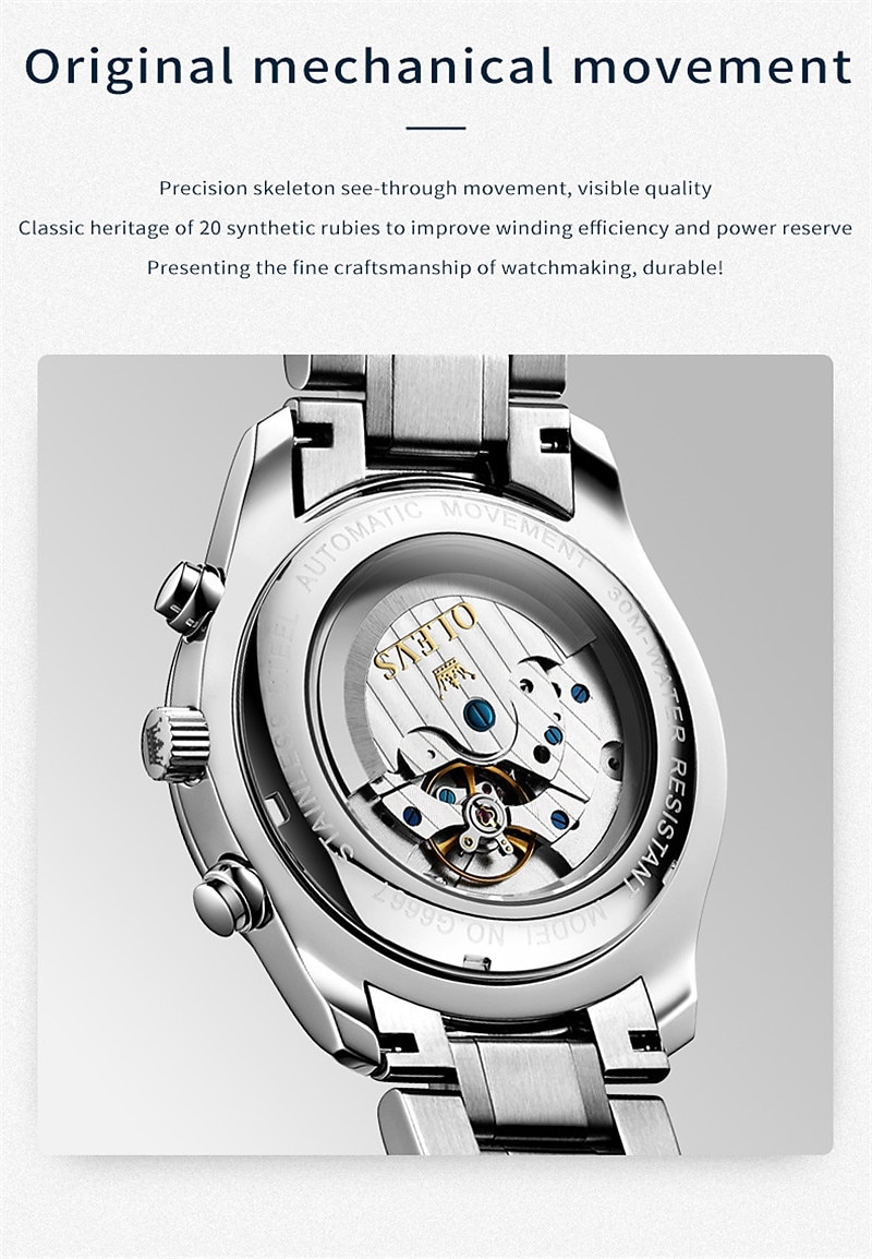 OLEVS Men Mechanical Watch Calendar Luxury Waterproof Wristwatch Automatic Self-winding Moon phase Dual Display Calendar Stainless Steel Strap Watch 2025 - $121.99 –P6
