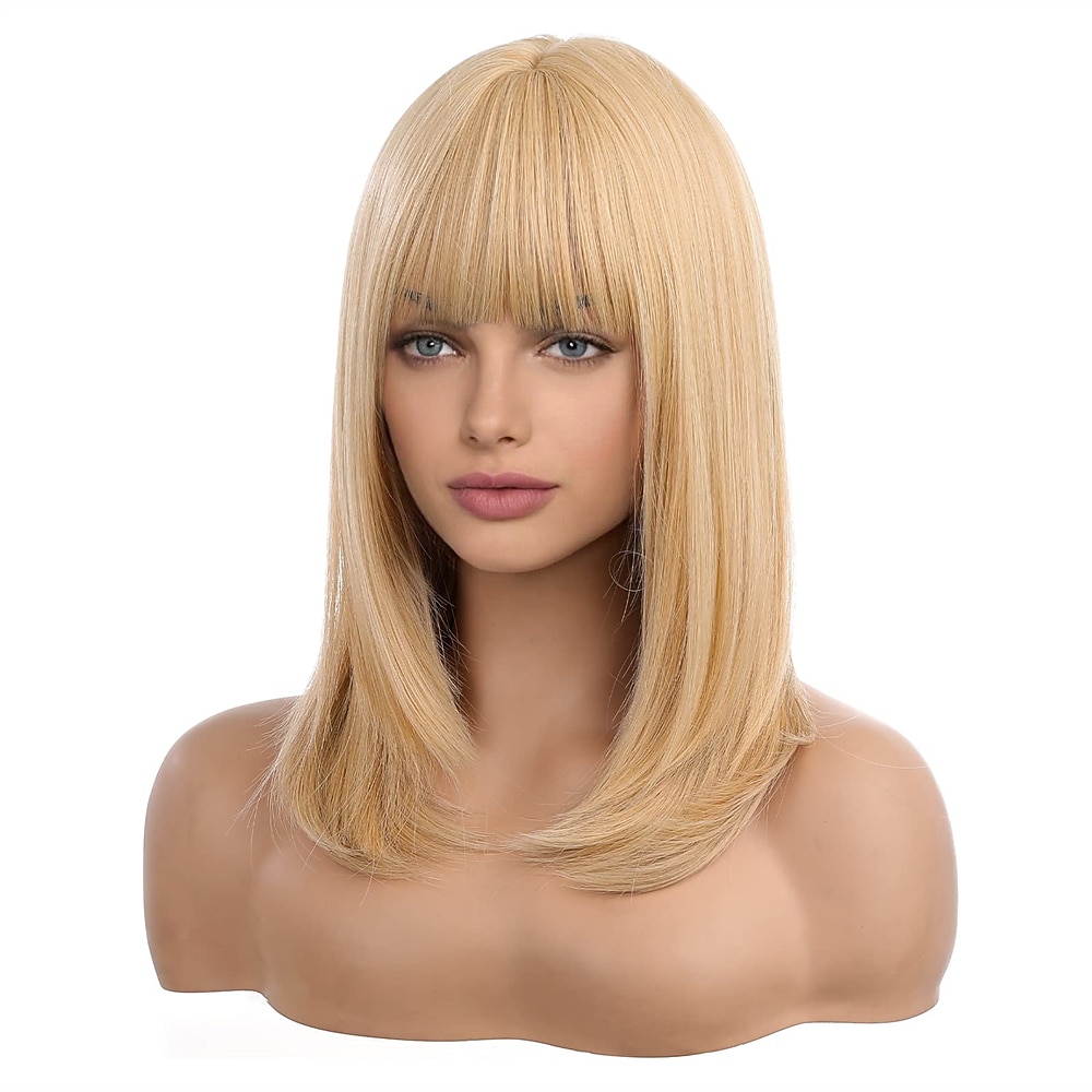 długie blond peruki dla kobiet warstwowe peruki z włosów ombre z schludną grzywką peruki barbiecore 2026 - $29.99 –P7