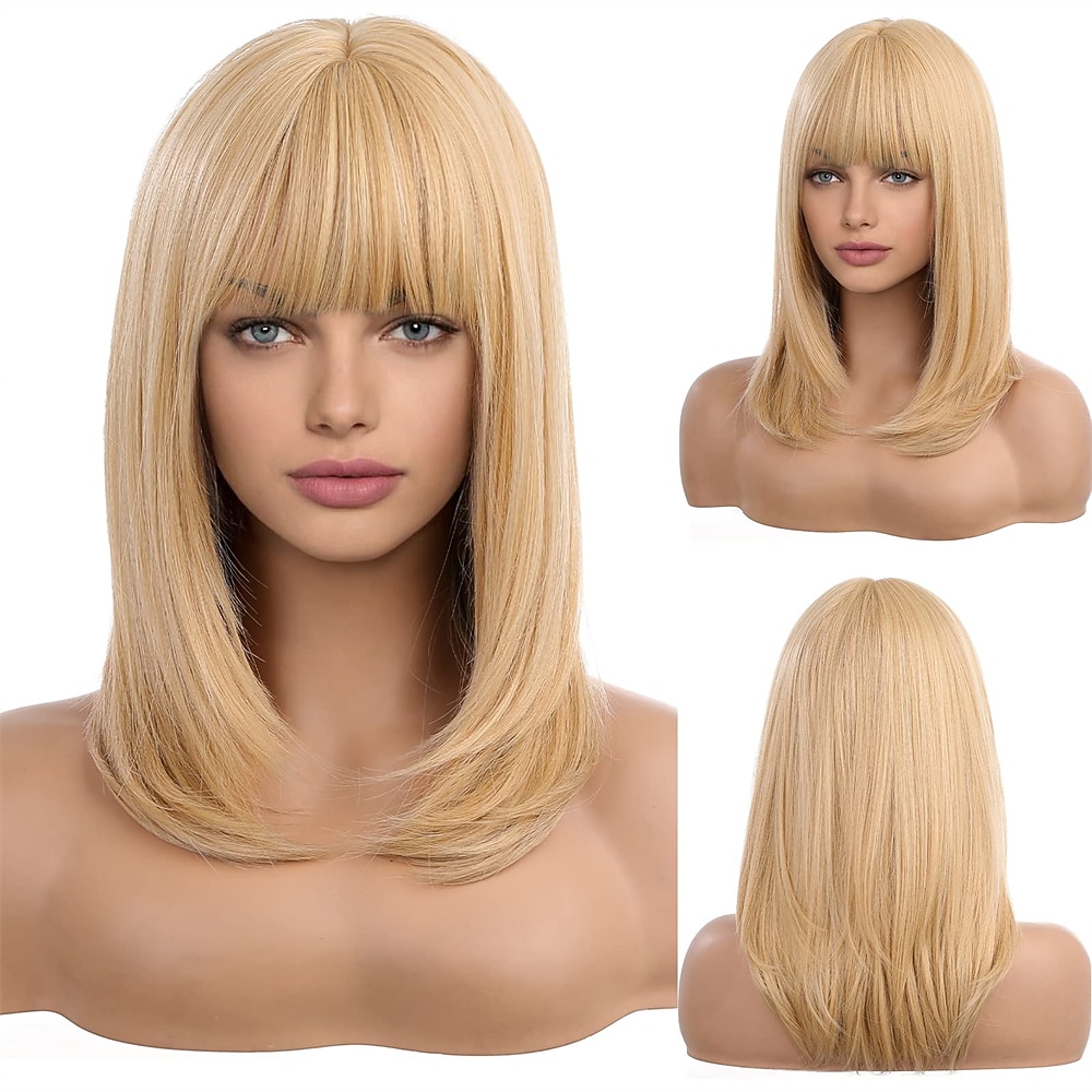 długie blond peruki dla kobiet warstwowe peruki z włosów ombre z schludną grzywką peruki barbiecore 2026 - $29.99 –P1