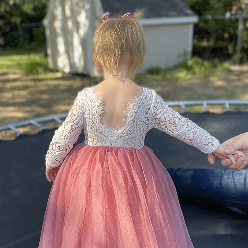 Barn flickors blommig klänning strandbröllop avslappnad tulle klänning fest rynkad mesh spets grön vit blå maxi lång ärm prinsessan söta klänningar festklänning online vanlig passform 4-13 år klänning 2025 - zł221.99 –P2