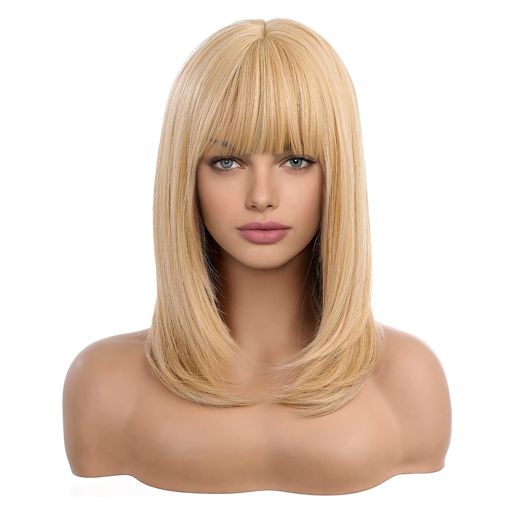 długie blond peruki dla kobiet warstwowe peruki z włosów ombre z schludną grzywką peruki barbiecore 2026 - $29.99 –P6