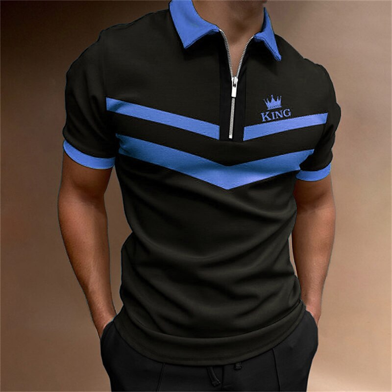 Men's Striped Zip Polo Shirts Golf Shirt Short Sleeve Polo