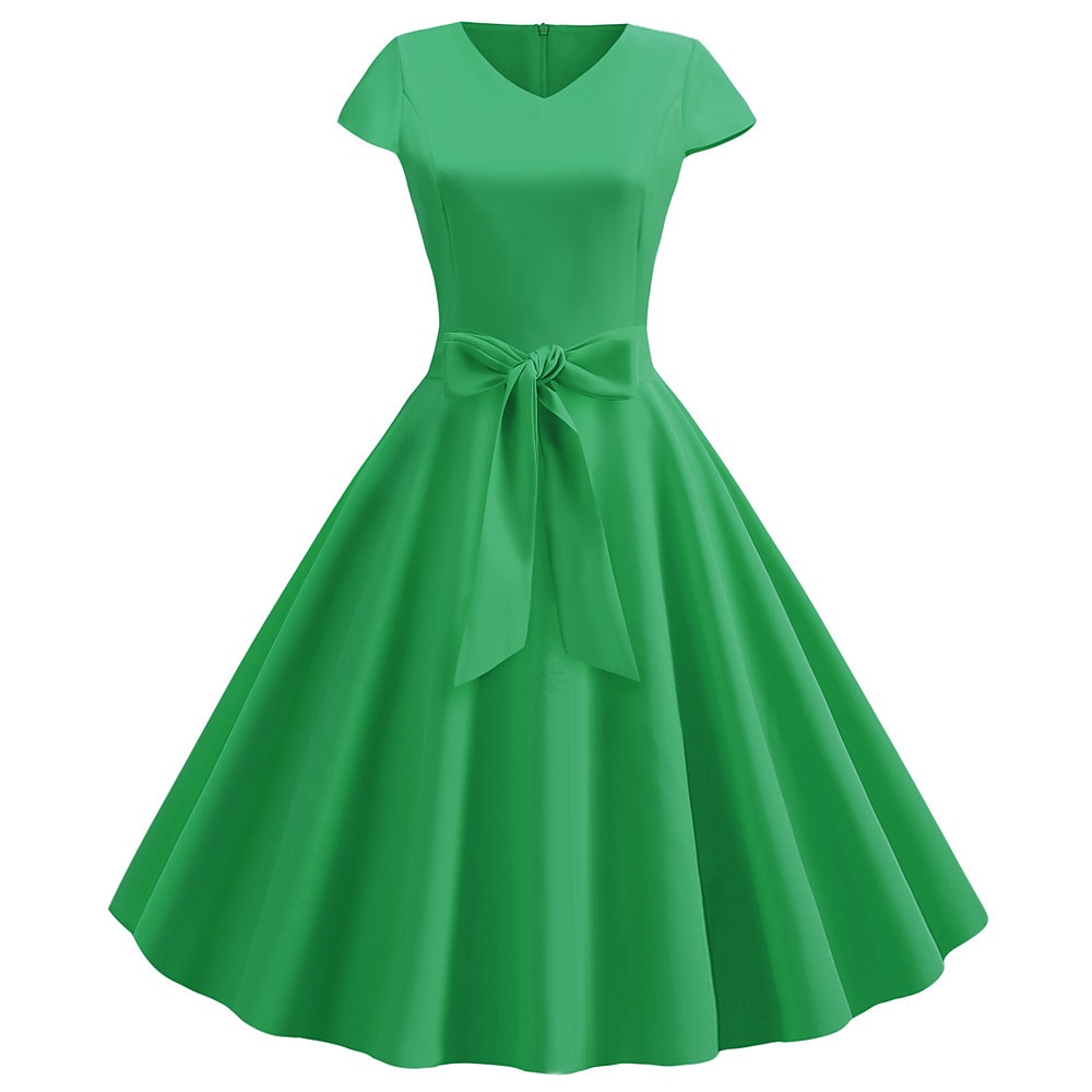 Retro / vintage Lata 50. Sukienka z linii Rockabilly Sukienka huśtawka Krótki kimonowy Łuk Równina W serek Strój na bal maskowy Damskie Bal maskowy Spotkanie towarzyskie Herbaciane przyjęcie Codzienne 2025 - €14.99 –P11