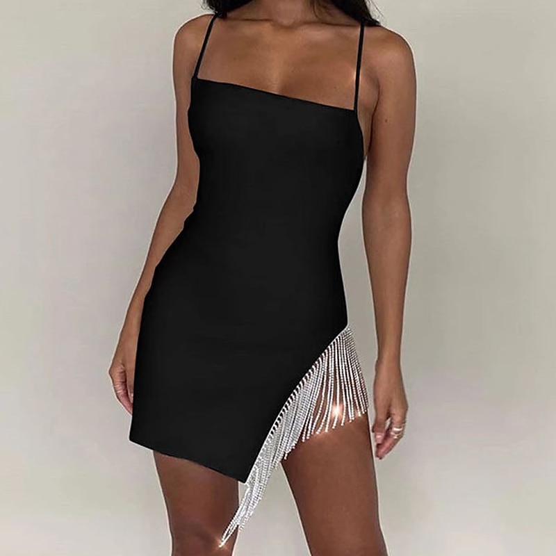 Women‘s Sequin Dress Fringe Dress Party Dress Sparkly Dress Homecoming Dress Mini Dress Black White Sleeveless Tassel Spring Spaghetti Strap Hot Slim 2023 - US $37.99 –P1