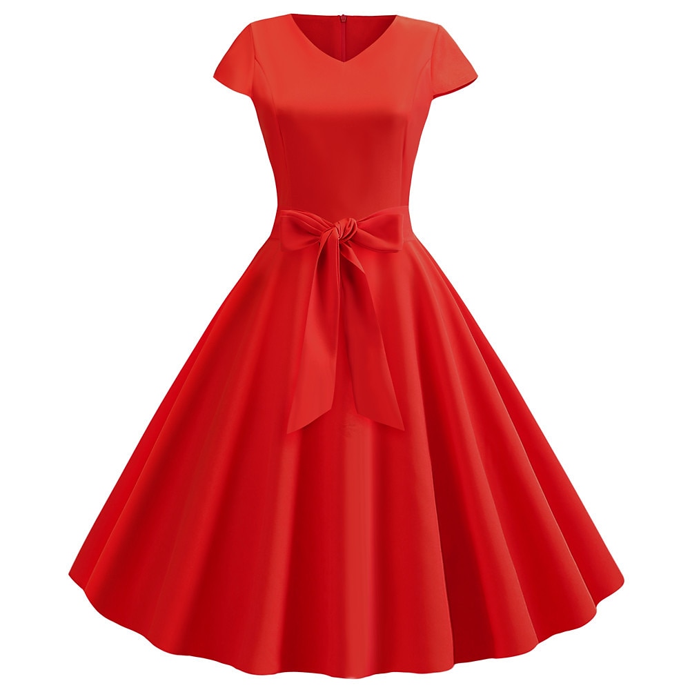 Retro / vintage Lata 50. Sukienka z linii Rockabilly Sukienka huśtawka Krótki kimonowy Łuk Równina W serek Strój na bal maskowy Damskie Bal maskowy Spotkanie towarzyskie Herbaciane przyjęcie Codzienne 2025 - €14.99 –P5