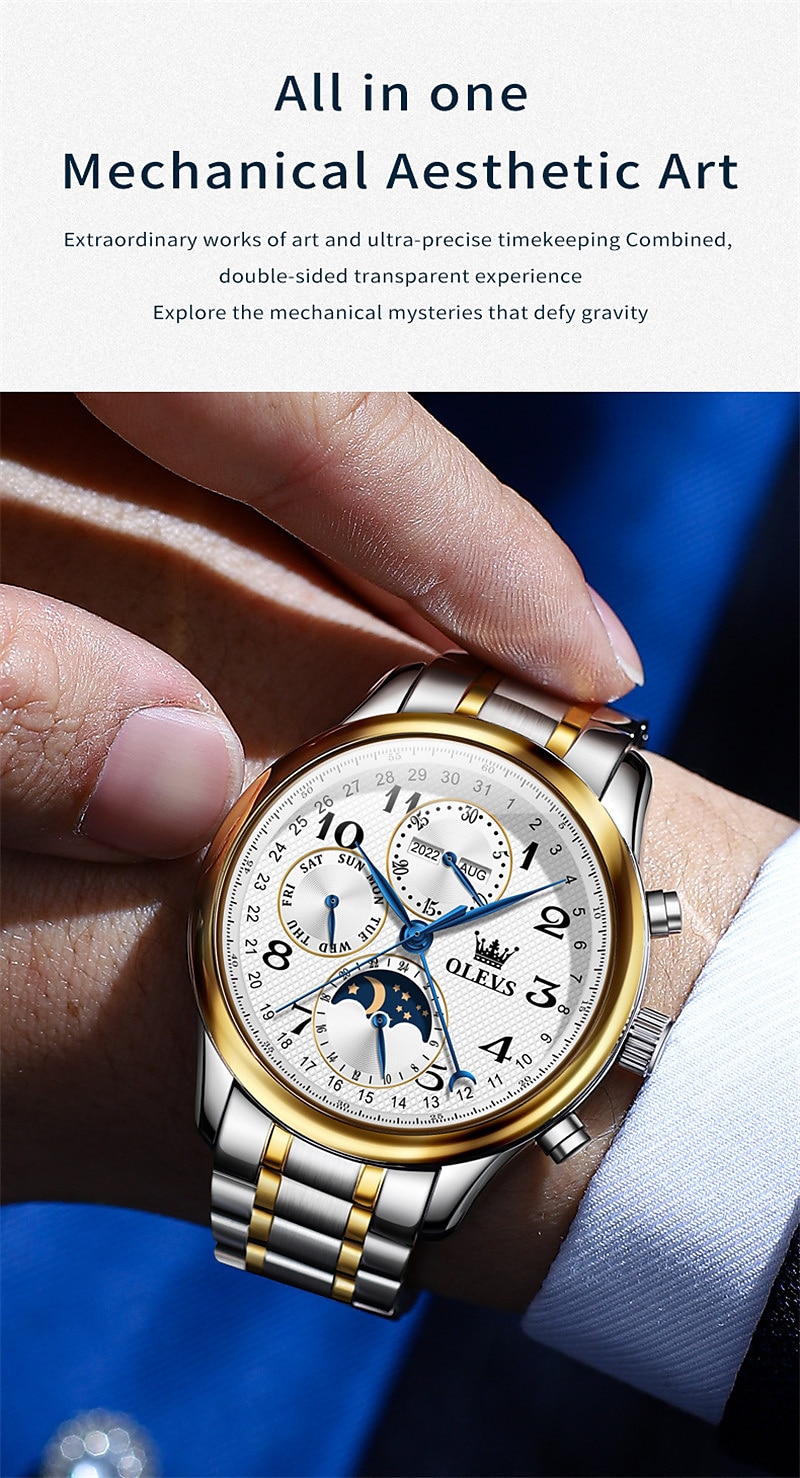 OLEVS Men Mechanical Watch Calendar Luxury Waterproof Wristwatch Automatic Self-winding Moon phase Dual Display Calendar Stainless Steel Strap Watch 2025 - $121.99 –P1