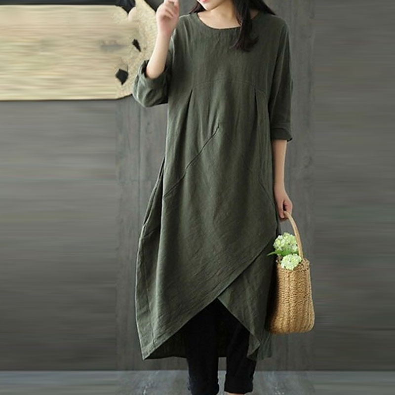 Women's Black Green Gray Summer Spring Fall Maxi Dress Linen-Inspired Dresses Casual Dress Layered Dress Casual Winter Dress Daily Going out Loose Fit Pure Color Crew Neck 2025 - $32.99 –P8