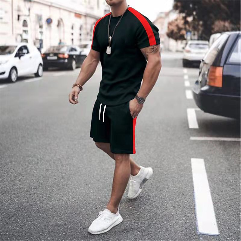 Men 2 Piece Outfits Gym Wear Sets Short Sleeve Muscle Tee & Shorts