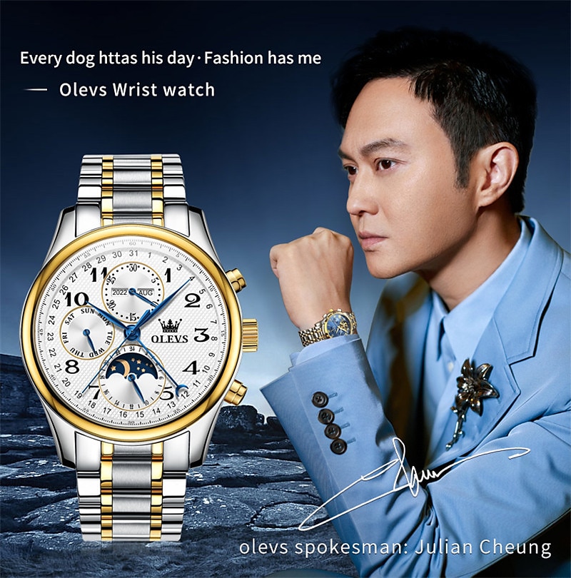 OLEVS Men Mechanical Watch Calendar Luxury Waterproof Wristwatch Automatic Self-winding Moon phase Dual Display Calendar Stainless Steel Strap Watch 2025 - $121.99 –P15