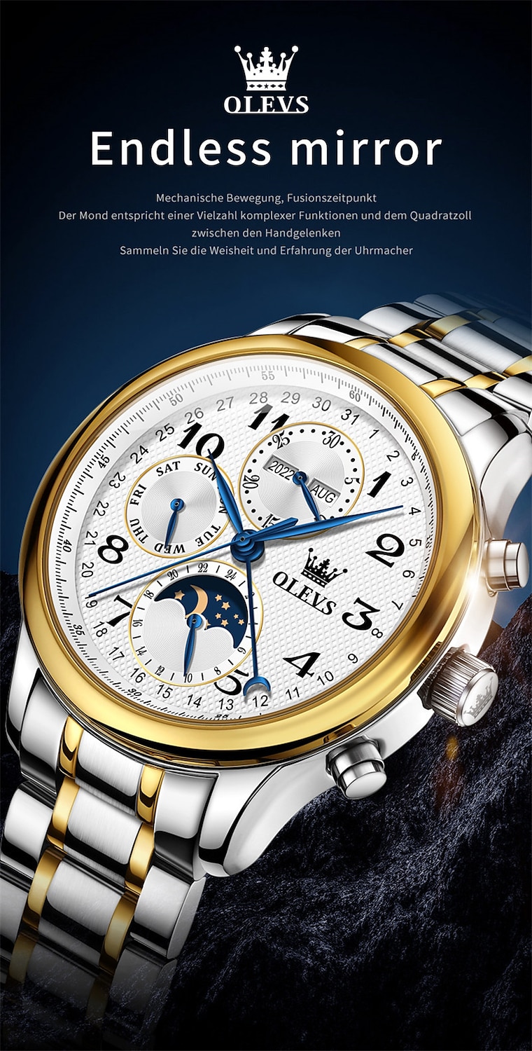 OLEVS Men Mechanical Watch Calendar Luxury Waterproof Wristwatch Automatic Self-winding Moon phase Dual Display Calendar Stainless Steel Strap Watch 2025 - $121.99 –P14