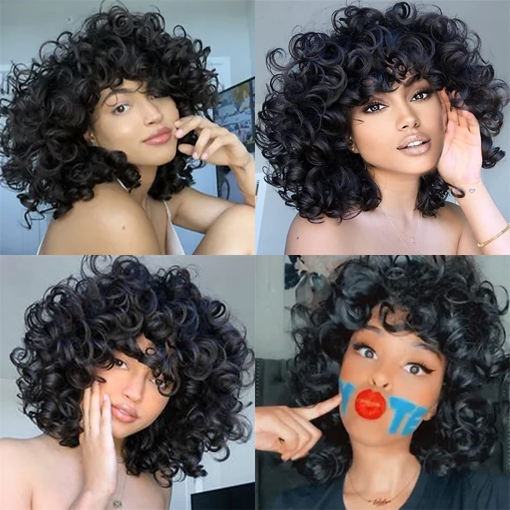 Wig Short Afro Curly Wigs for Black Women Dark Brown Curly Wig with Bangs Fluffy Shoulder Length Wigs Heat Resistant Synthetic Colorful Wigs for Daily Party Use 2025 - $28.99 –P12