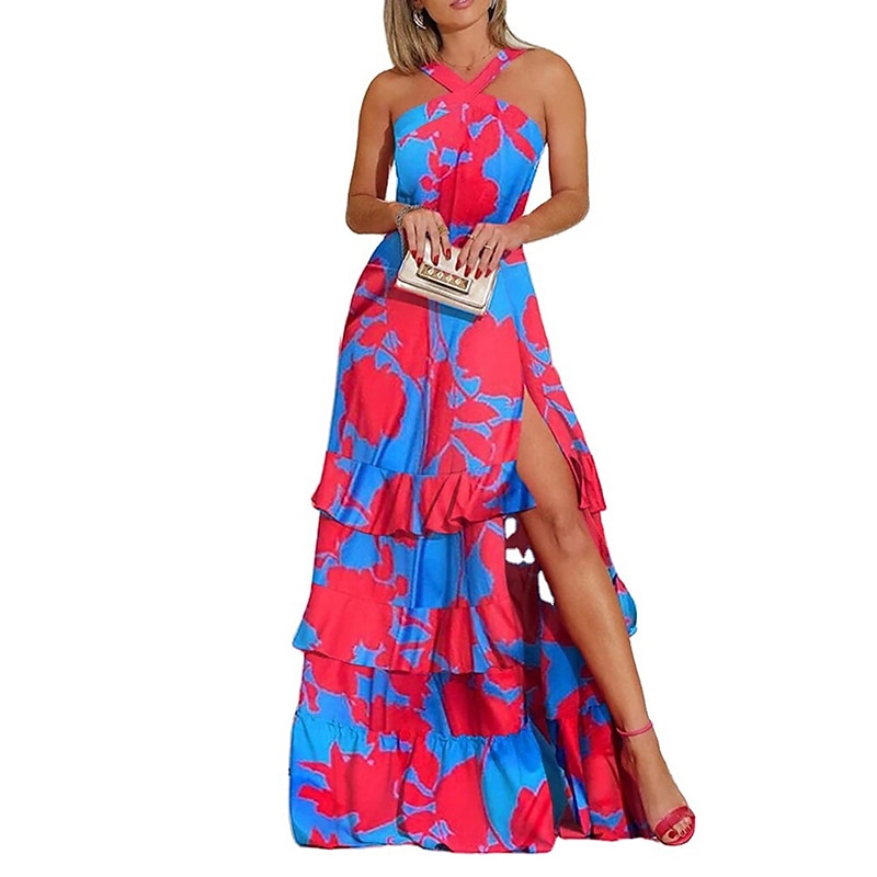 Women's Swing Dress Maxi long Dress Blue Sleeveless Print Abstract Layered Split Cold Shoulder Spring Summer Halter Neck Cold Shoulder Personalized Stylish Vacation 2023 S M L XL XXL / 3D Print 2025 - $44.99 –P5