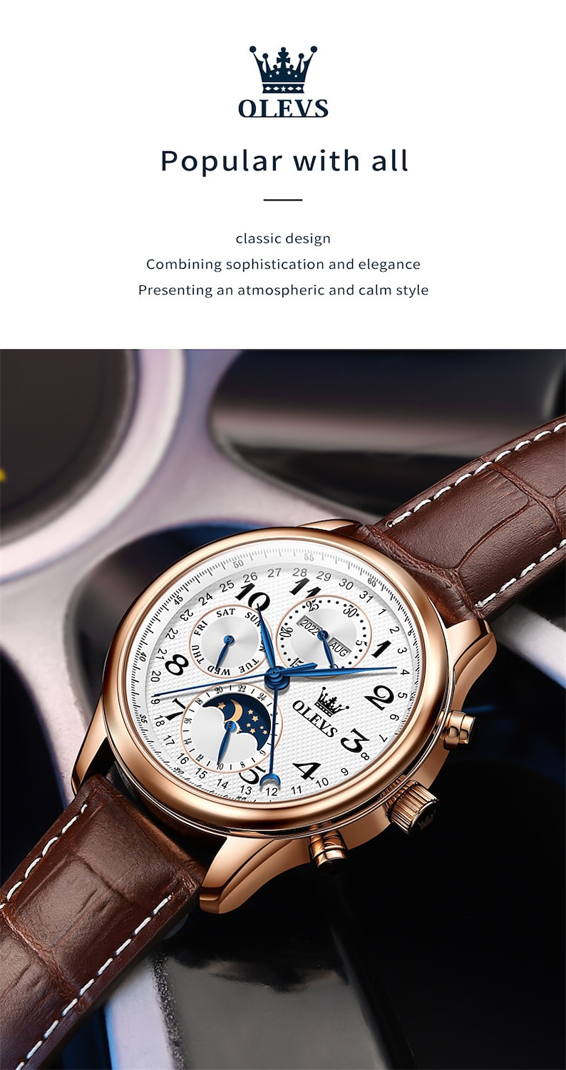 OLEVS Men Mechanical Watch Calendar Luxury Waterproof Wristwatch Automatic Self-winding Moon phase Dual Display Calendar Stainless Steel Strap Watch 2025 - $121.99 –P11