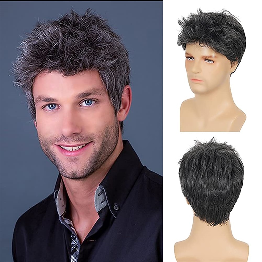férfi parókák szürke rövid réteges paróka szintetikus helyettesítő cosplay jelmez buli napi viselet haj paróka 2026 - $24.99 –P6