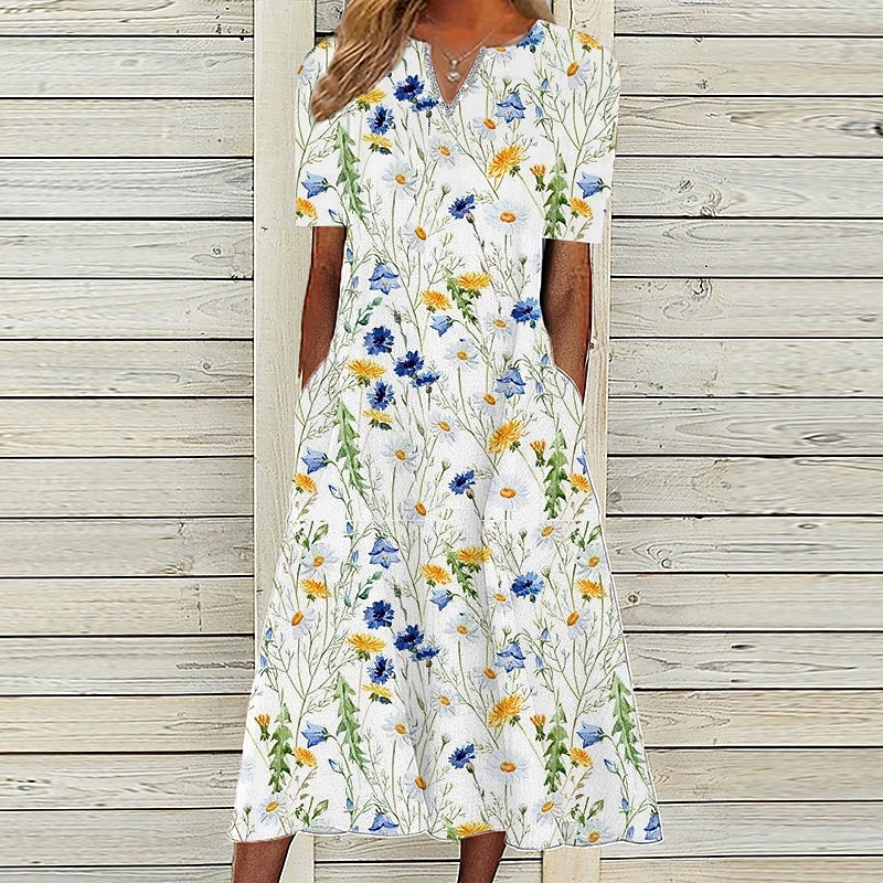 Rochie midi pentru femei Rochie casual Albă Mâneci scurte Floral Buzunar Primăvară Vară Decolteu în V Vacanță 2023 S M L XL XXL 3XL 2025 - $36.99 –P1