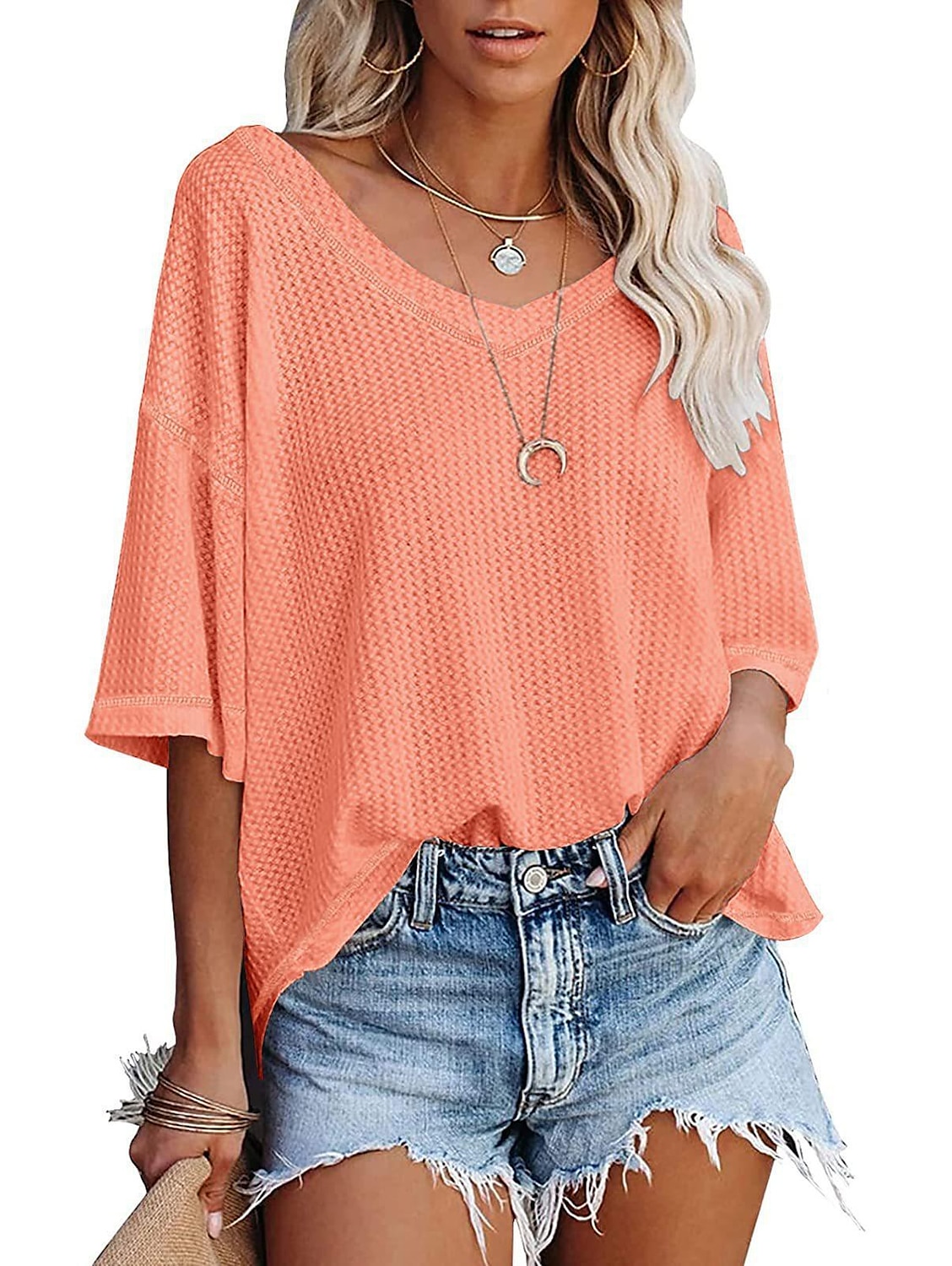 vară, cu decolteu în V, mânecă de păpușă, tricot cu vafe, largi, culoare uni, tricou cu mânecă scurtă, top pentru femei 2025 - $21.99 –P3
