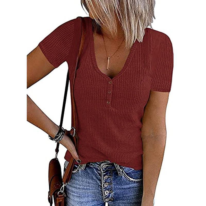 Women's Henley Shirt T shirt Tee Black White Pink Plain Button Short Sleeve Casual Daily Sexy Round Neck Regular S 2025 - $27.99 –P13