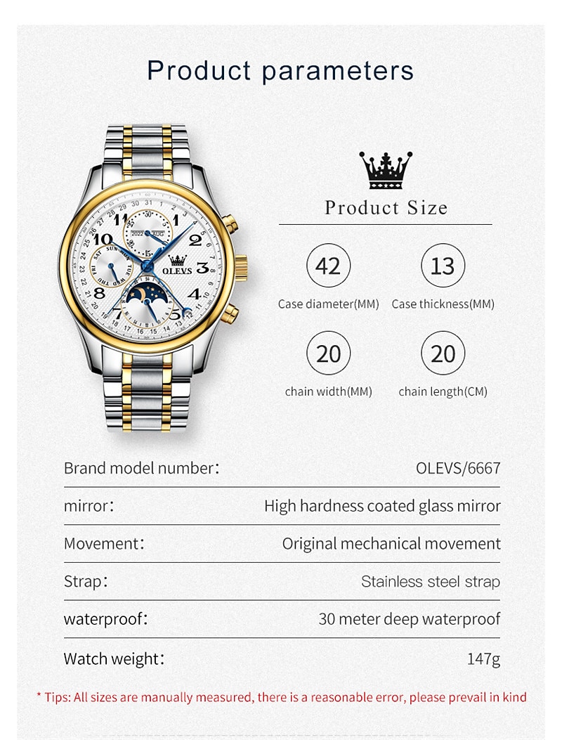 OLEVS Men Mechanical Watch Calendar Luxury Waterproof Wristwatch Automatic Self-winding Moon phase Dual Display Calendar Stainless Steel Strap Watch 2025 - $121.99 –P16