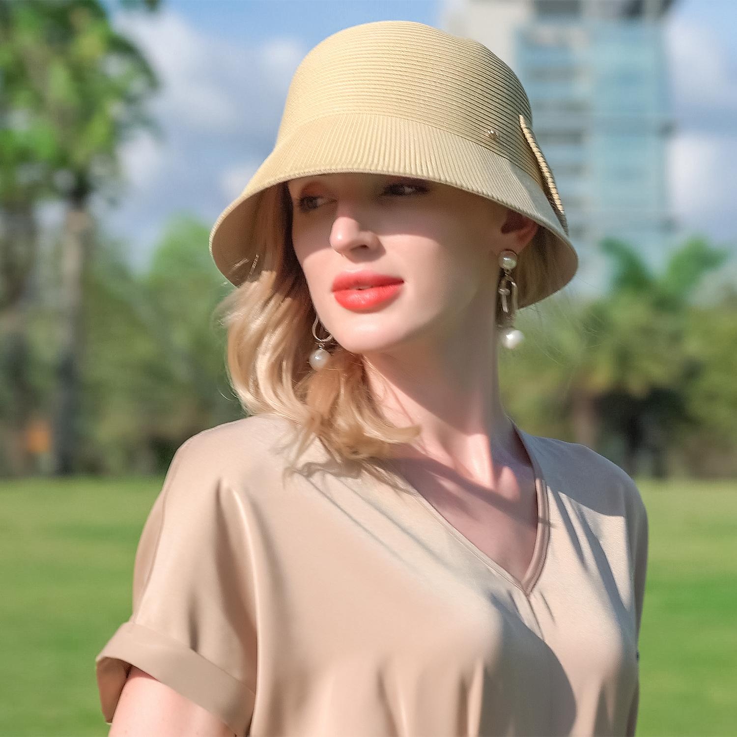 כובעי קש אלגנטיים לחוף עם קשת / צבע טהור מסיבה אחת / ערב / כיסוי ראש מזדמן 2025 - $21.99 –P1