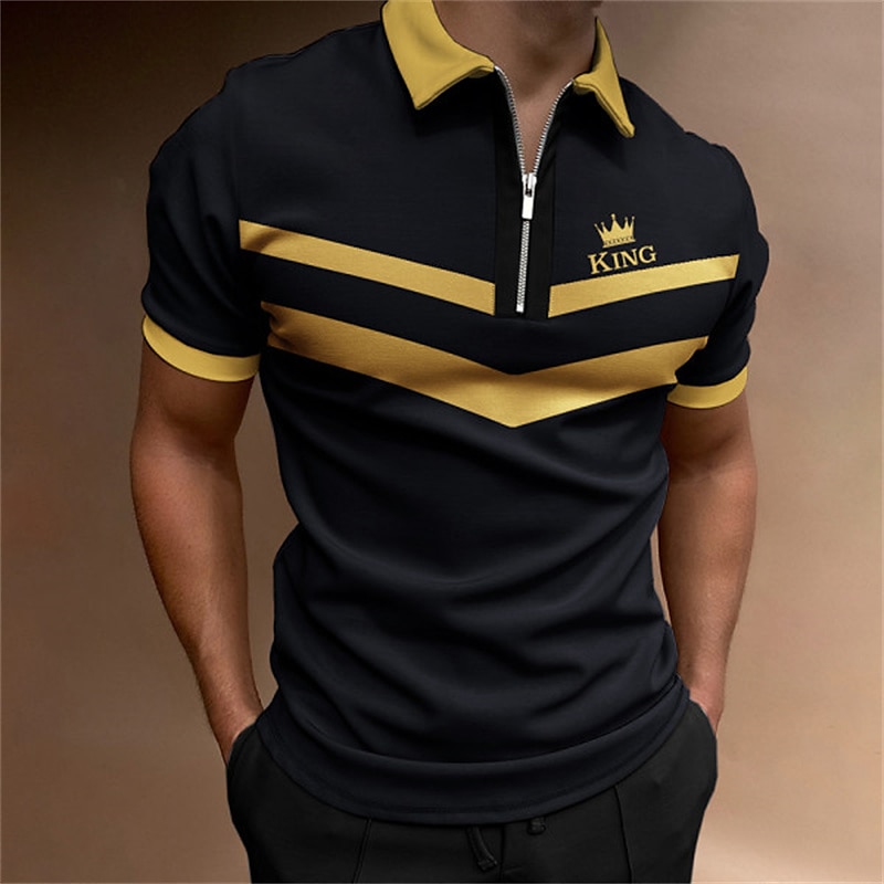 Men's Striped Zip Polo Shirts Golf Shirt Short Sleeve Polo