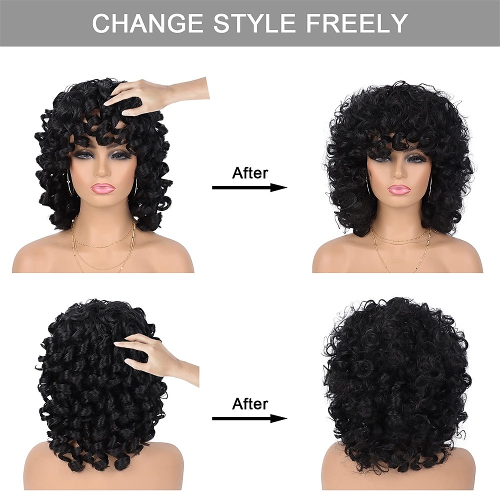 Wig Short Afro Curly Wigs for Black Women Dark Brown Curly Wig with Bangs Fluffy Shoulder Length Wigs Heat Resistant Synthetic Colorful Wigs for Daily Party Use 2025 - $28.99 –P10