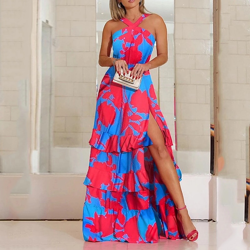 Women's Swing Dress Maxi long Dress Blue Sleeveless Print Abstract Layered Split Cold Shoulder Spring Summer Halter Neck Cold Shoulder Personalized Stylish Vacation 2023 S M L XL XXL / 3D Print 2025 - $44.99 –P1