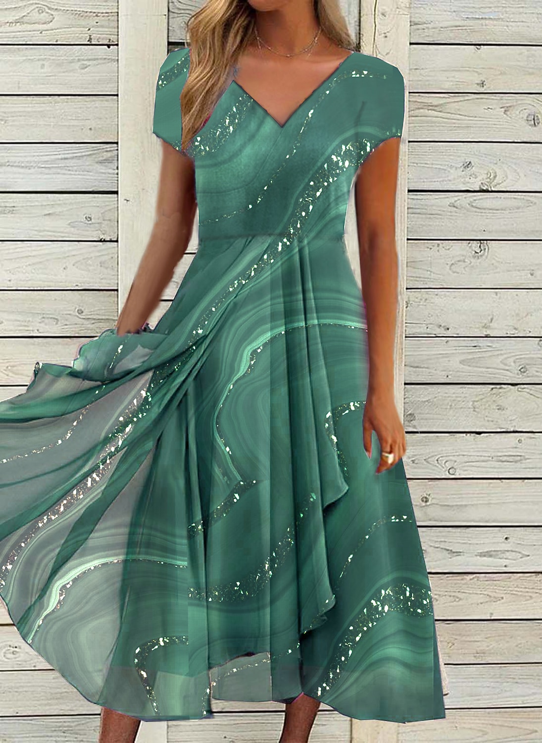 robe de soirée semi formelle pour femme robe swing robe longueur genou vert bleu gris manches courtes bloc de couleur imprimé printemps été col en v élégant lâche 2023 s m l xl xxl 3xl de 2025 ? $44.99 -P1
