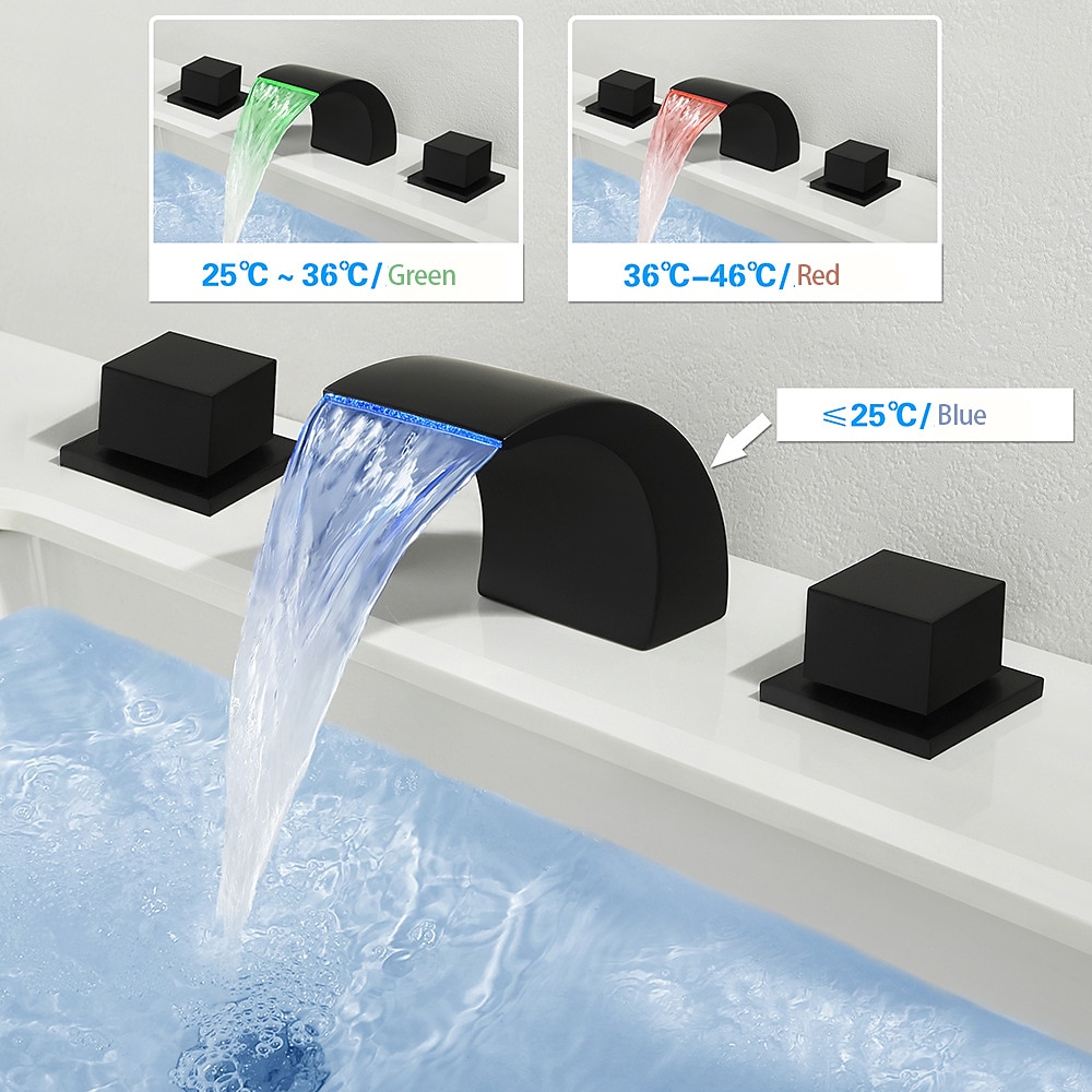 waterval badkamer wastafel kraan led-licht op het dek gemonteerd messing, wijdverspreide 2-handgreep 3-gats badvatkranen met warm en koud waterslang 2025 - $186.99 –P2