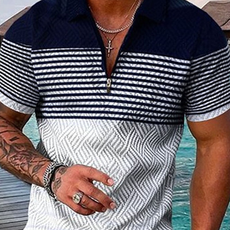 Men's Striped Hawaiian Polo Shirts Golf Shirt Short Sleeve Polo Shirts Collared Shirts Casual Beach Wear Vacation Wear Party Outfits 3D Print Quarter Zip Polo Black-White Black Army Green 2025 - $22.99 –P2