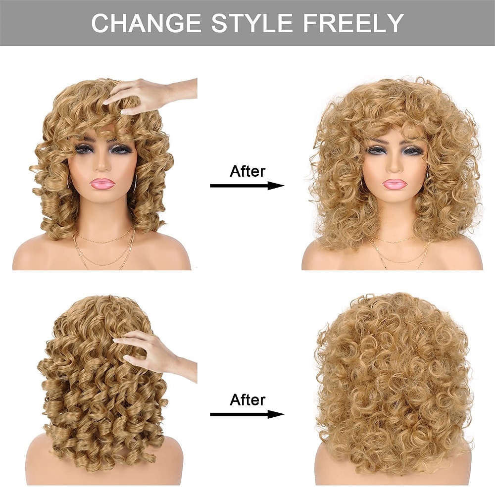 Wig Short Afro Curly Wigs for Black Women Dark Brown Curly Wig with Bangs Fluffy Shoulder Length Wigs Heat Resistant Synthetic Colorful Wigs for Daily Party Use 2025 - $28.99 –P16