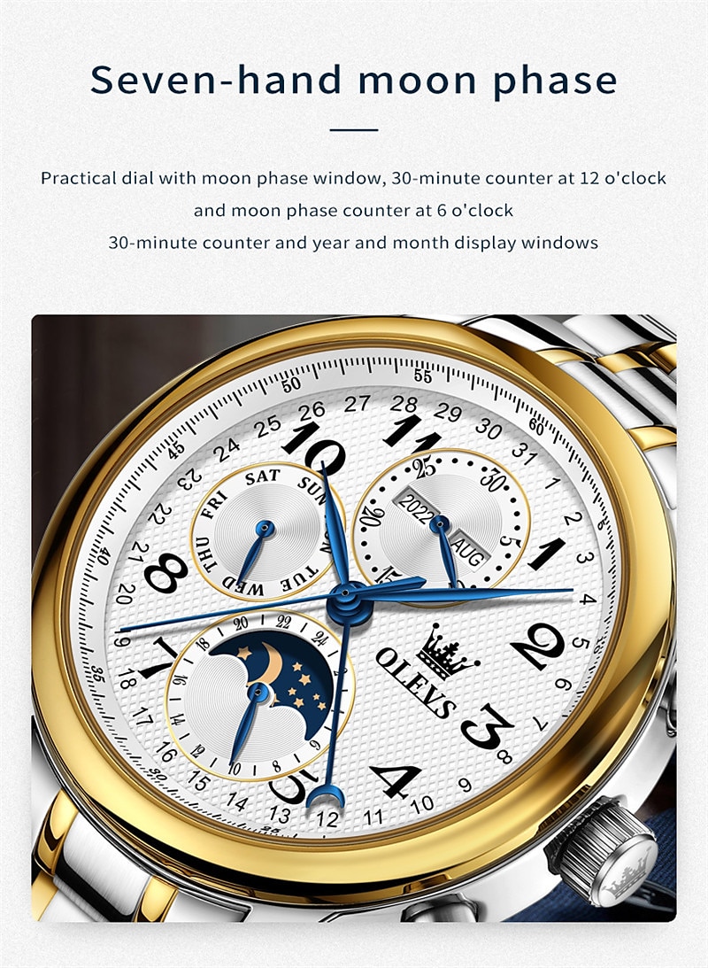 OLEVS Men Mechanical Watch Calendar Luxury Waterproof Wristwatch Automatic Self-winding Moon phase Dual Display Calendar Stainless Steel Strap Watch 2025 - $121.99 –P2