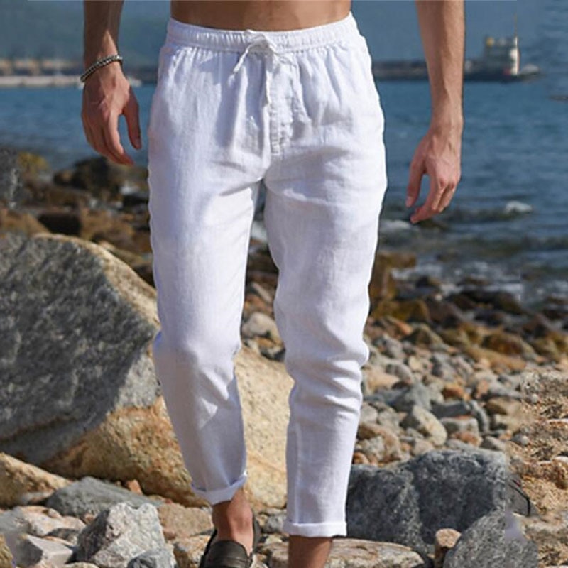 Men's Linen Pants Trousers Summer Pants Pocket Drawstring Plain