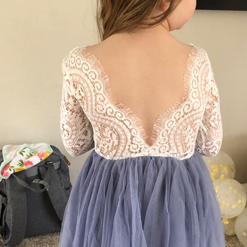 Barn flickors blommig klänning strandbröllop avslappnad tulle klänning fest rynkad mesh spets grön vit blå maxi lång ärm prinsessan söta klänningar festklänning online vanlig passform 4-13 år klänning 2025 - zł221.99 –P5