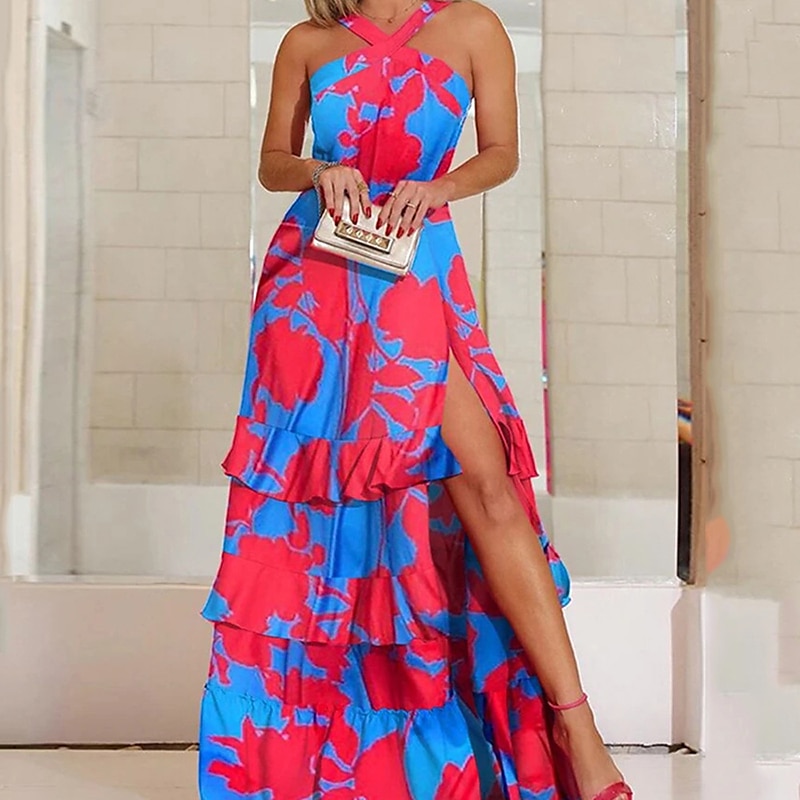 Women's Swing Dress Maxi long Dress Blue Sleeveless Print Abstract Layered Split Cold Shoulder Spring Summer Halter Neck Cold Shoulder Personalized Stylish Vacation 2023 S M L XL XXL / 3D Print 2025 - $44.99 –P3