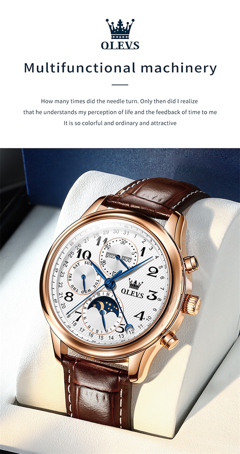 OLEVS Men Mechanical Watch Calendar Luxury Waterproof Wristwatch Automatic Self-winding Moon phase Dual Display Calendar Stainless Steel Strap Watch 2025 - $121.99 –P9