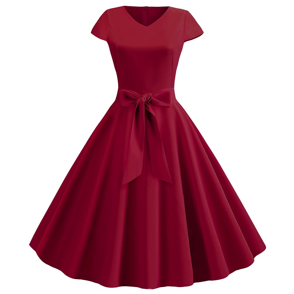 Retro / vintage Lata 50. Sukienka z linii Rockabilly Sukienka huśtawka Krótki kimonowy Łuk Równina W serek Strój na bal maskowy Damskie Bal maskowy Spotkanie towarzyskie Herbaciane przyjęcie Codzienne 2025 - €14.99 –P9