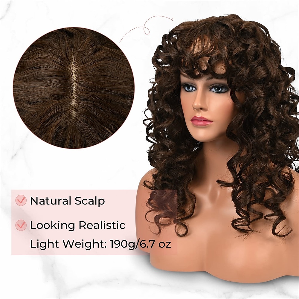 krullende pruik met pony voor vrouwen-lonai lange 23 inch chocoladebruine kinky pruiken met piekerige pony krullend prachtige shag synthetische pruik voor dagelijks gebruik party cosplay 2025 - $28.99 –P4