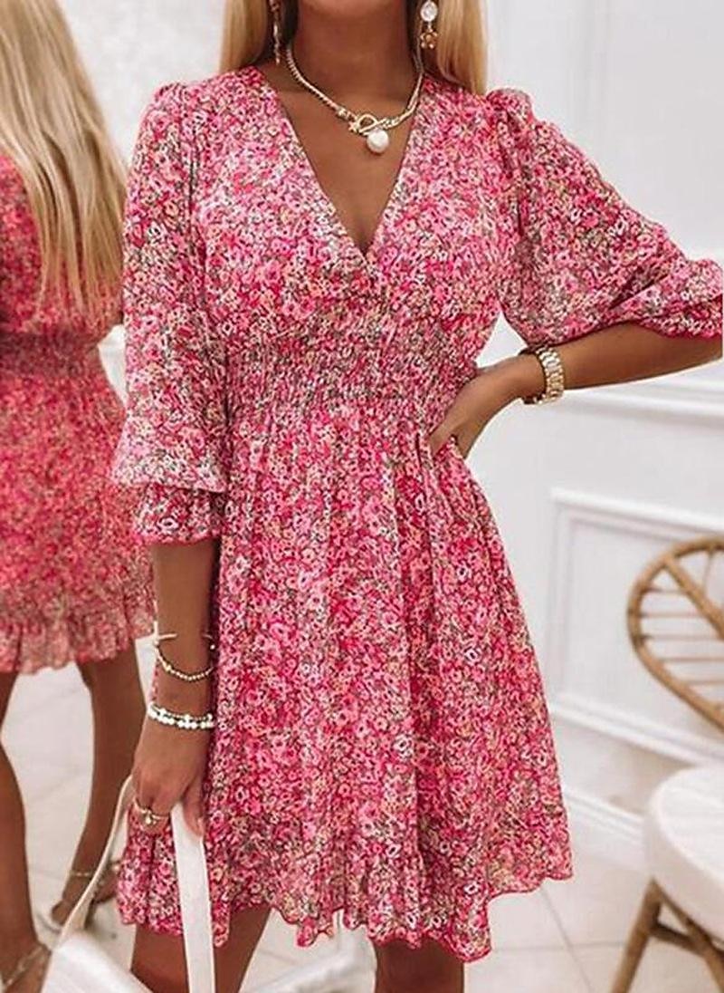 Damskie Sukienka midi Sukienka Boho Elegancja i luksus Podstawowy Dojrzały Bufka Na zewnątrz Impreza Codzienny Kwiaty Rękaw 1/2 W serek Żółty Czerwony Niebieski Fioletowy Lato Wiosna 2025 - $41.99 –P12
