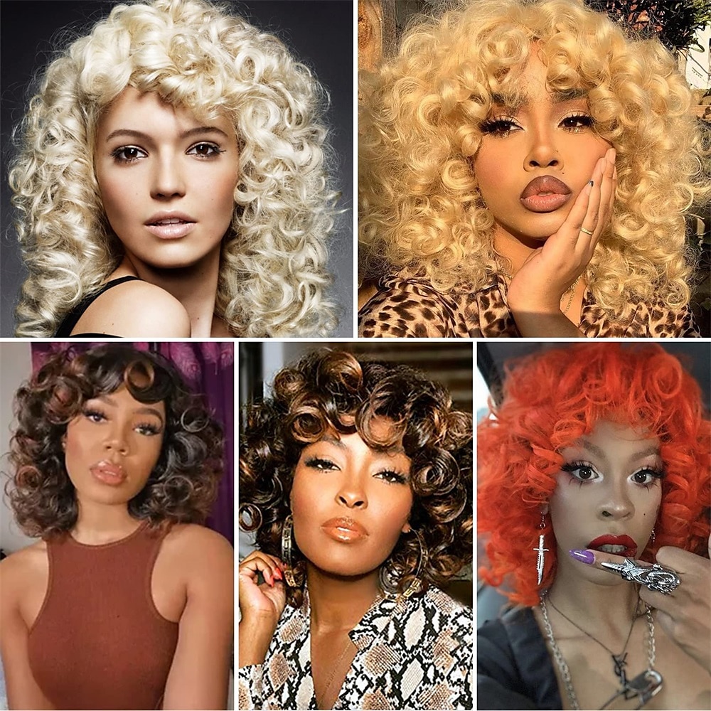 Wig Short Afro Curly Wigs for Black Women Dark Brown Curly Wig with Bangs Fluffy Shoulder Length Wigs Heat Resistant Synthetic Colorful Wigs for Daily Party Use 2025 - $28.99 –P18