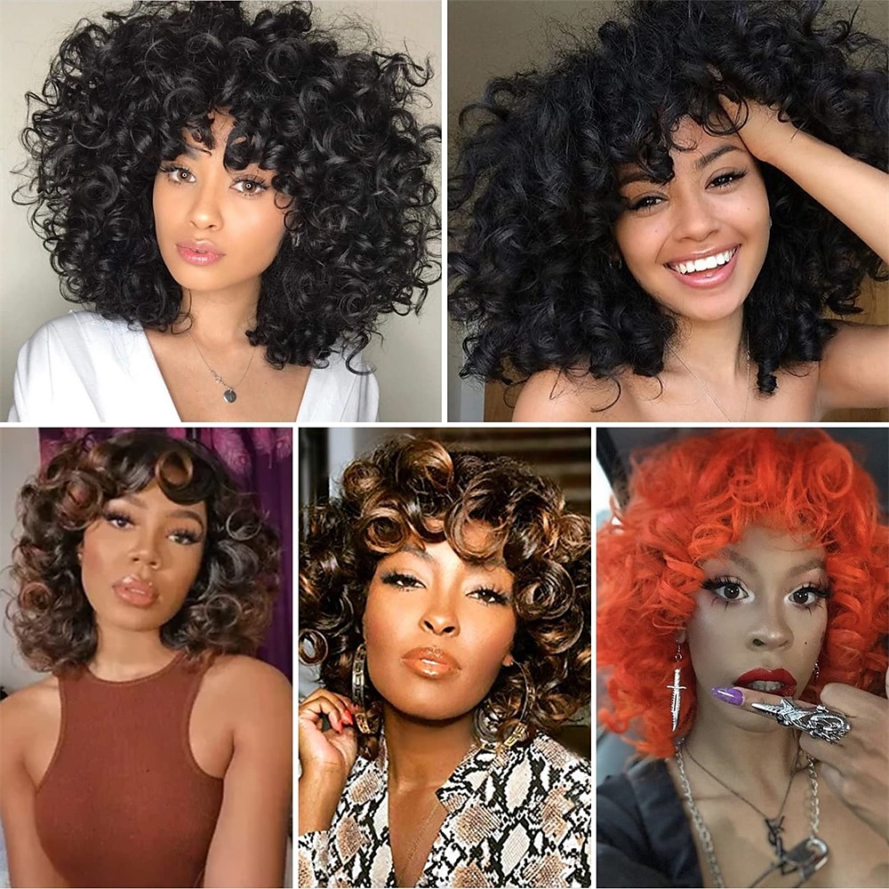 Wig Short Afro Curly Wigs for Black Women Dark Brown Curly Wig with Bangs Fluffy Shoulder Length Wigs Heat Resistant Synthetic Colorful Wigs for Daily Party Use 2025 - $28.99 –P6
