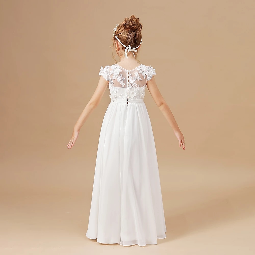 Blumenmädchenkleid Mädchen Prinzessinenkleid Kleid für die Erstkommunion Party Kleid Leistung Hochzeit Party Prinzessin Süß Gitter Feste Farbe Kurzarm Rundhalsausschnitt Weiß 2-12 Jahre 2025 - $60.99 –P2