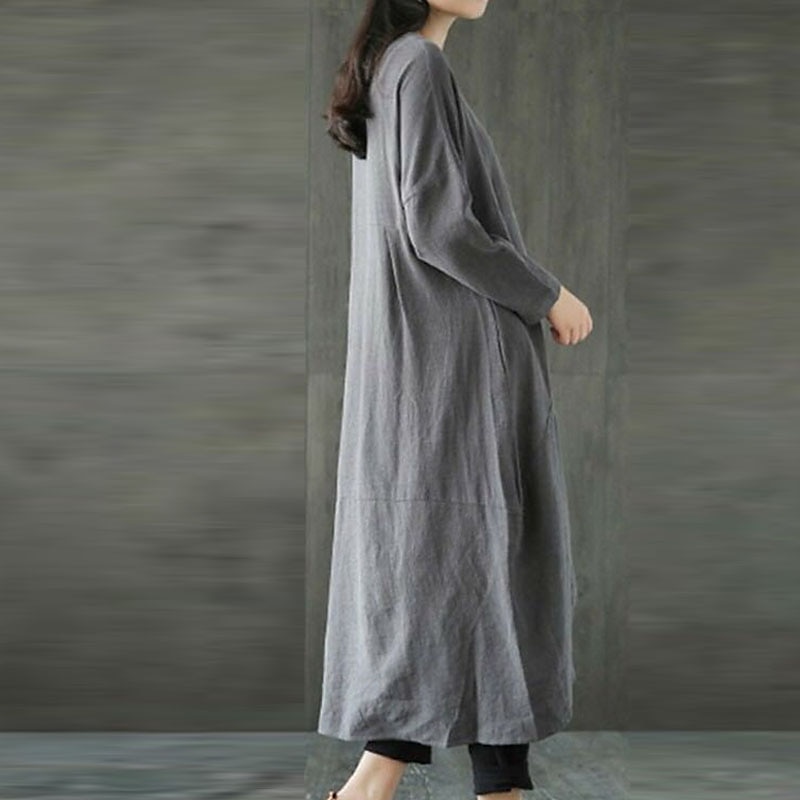 Women's Black Green Gray Summer Spring Fall Maxi Dress Linen-Inspired Dresses Casual Dress Layered Dress Casual Winter Dress Daily Going out Loose Fit Pure Color Crew Neck 2025 - $32.99 –P2