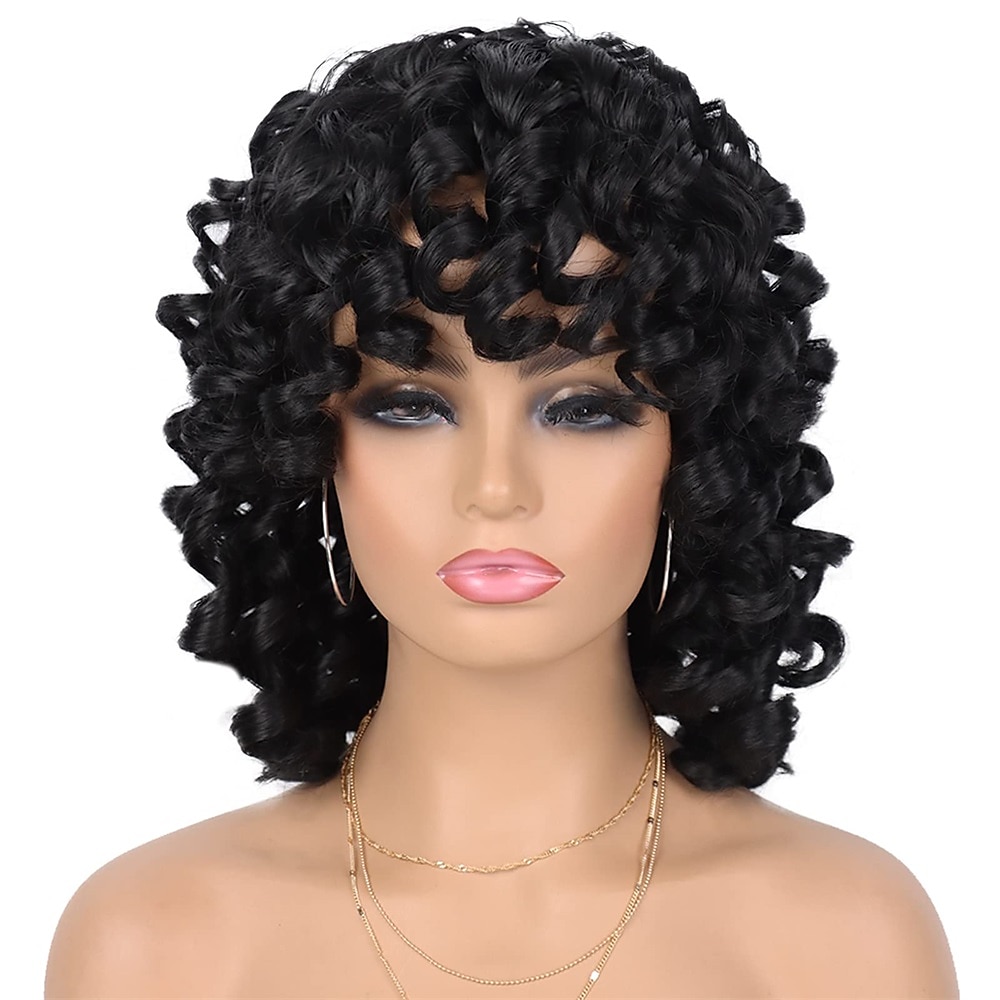 Wig Short Afro Curly Wigs for Black Women Dark Brown Curly Wig with Bangs Fluffy Shoulder Length Wigs Heat Resistant Synthetic Colorful Wigs for Daily Party Use 2025 - $28.99 –P7