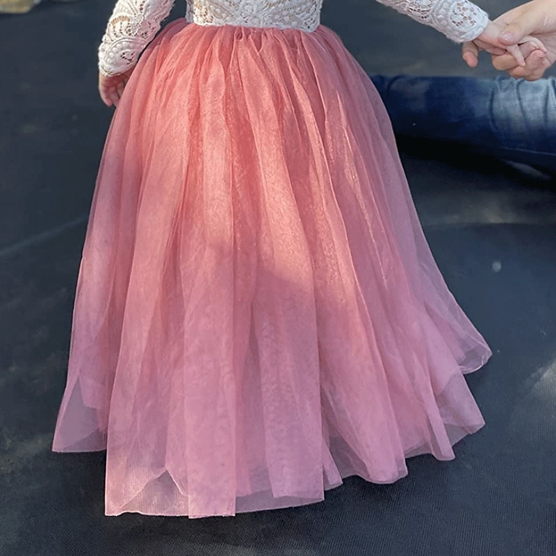 Barn flickors blommig klänning strandbröllop avslappnad tulle klänning fest rynkad mesh spets grön vit blå maxi lång ärm prinsessan söta klänningar festklänning online vanlig passform 4-13 år klänning 2025 - zł221.99 –P4
