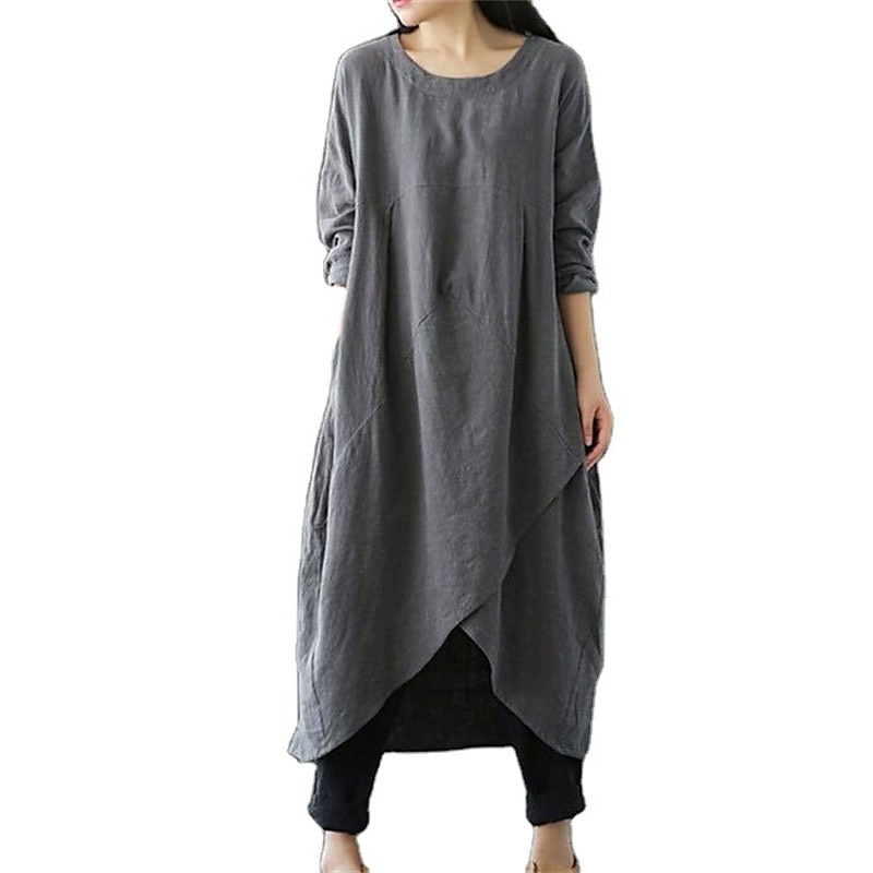 Women's Black Green Gray Summer Spring Fall Maxi Dress Linen-Inspired Dresses Casual Dress Layered Dress Casual Winter Dress Daily Going out Loose Fit Pure Color Crew Neck 2025 - $32.99 –P1