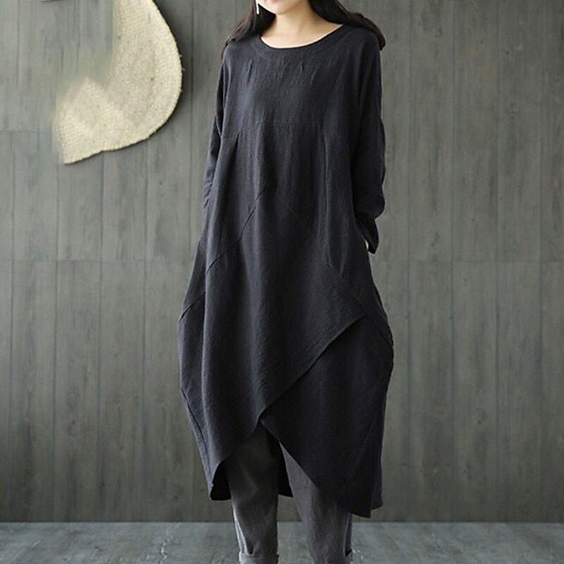 Women's Black Green Gray Summer Spring Fall Maxi Dress Linen-Inspired Dresses Casual Dress Layered Dress Casual Winter Dress Daily Going out Loose Fit Pure Color Crew Neck 2025 - $32.99 –P5