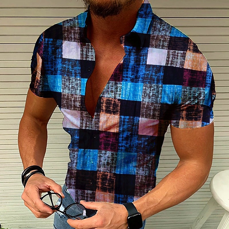 Voor heren Raster Overhemd Overhemd met knopen Korte mouw Modieus Ontwerper Casual Buiten Feestdagen Zomer Lente Strijkijzer Lapwerk Afdrukken Button-omlaag Geel Rood blauw Paars Groen 2025 - $24.99 –P3