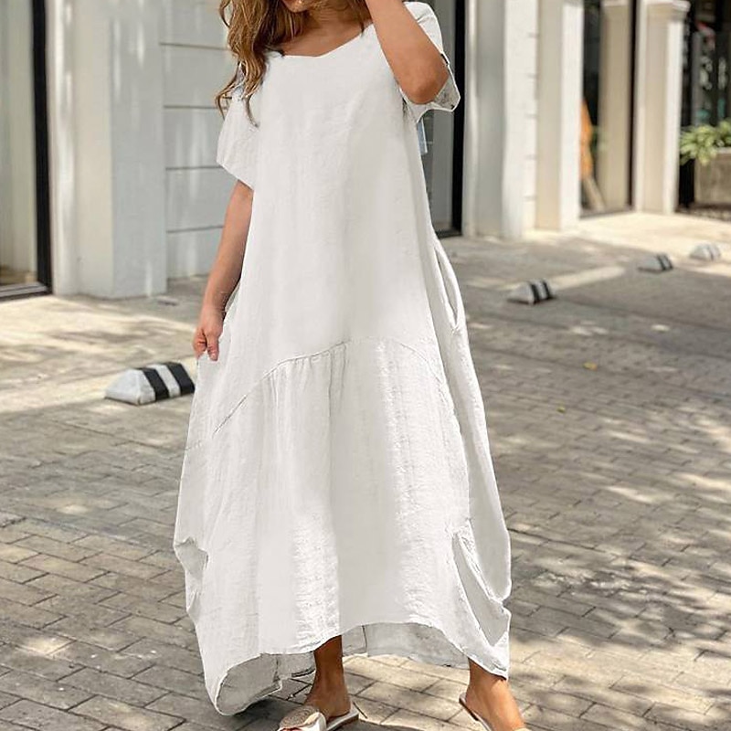 Жен. Черный Белый Желтый Лето Весна Длинное платье Белое платье Платья из хлопка и льна Хлопковое летнее платье На каждый день Повседневные Отпуск На выход Свободное облегание Чистый цвет 2026 - $27.99 –P3